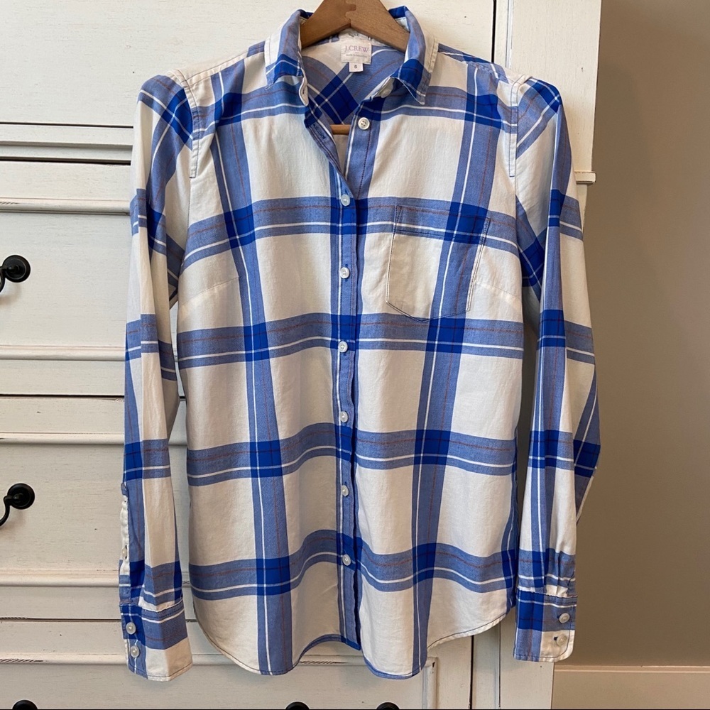 J. Crew Blue and White Plaid Long Sleeve Top. Size Small. EUC